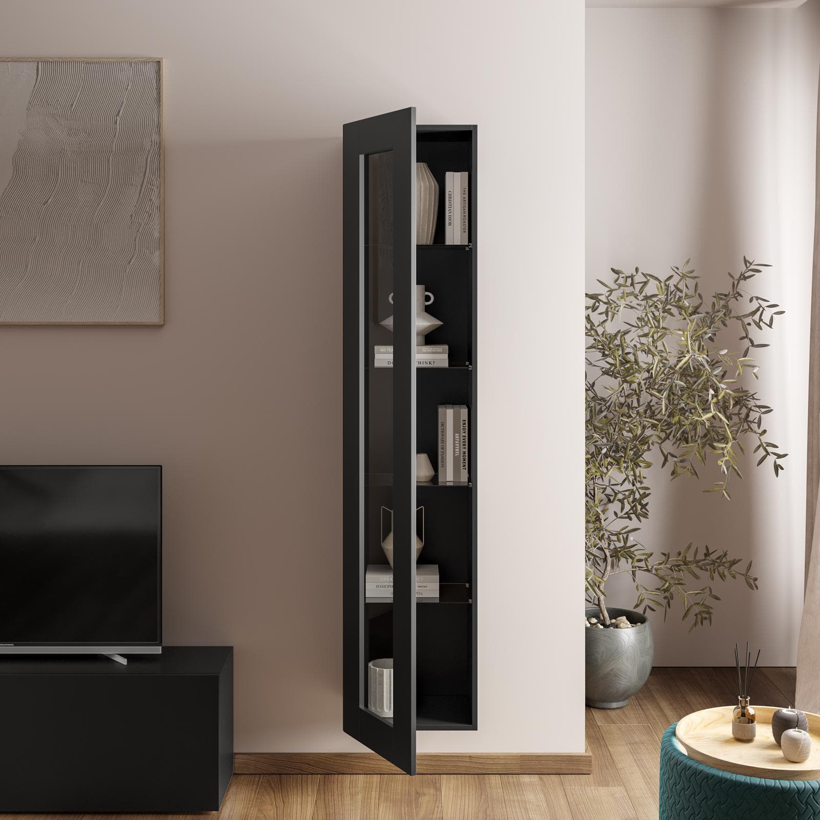 Vetrina sospesa o da terra 40x180h cm antracite opaco con anta reversibile e ripiani in vetro - Kayros