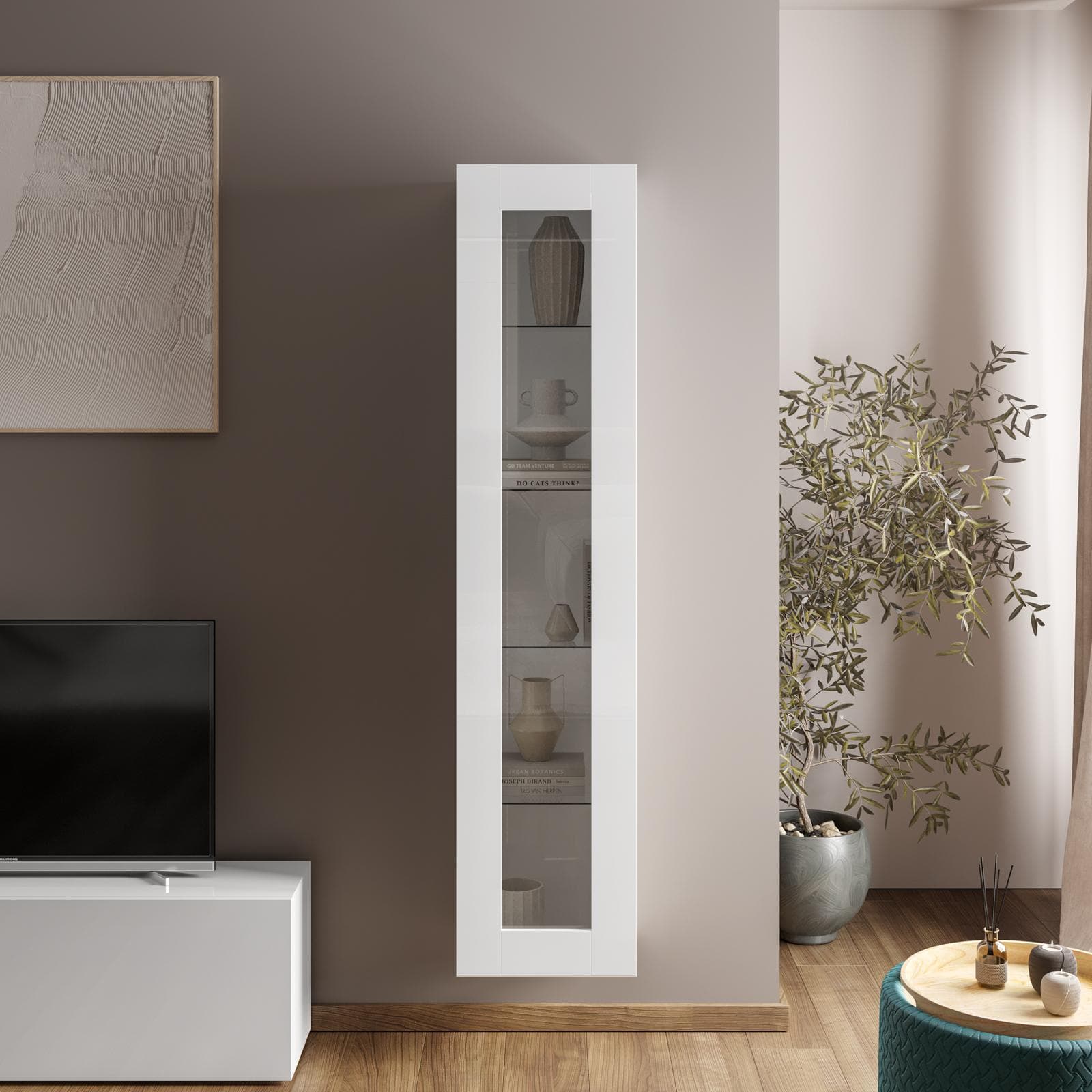 Vetrina sospesa o da terra 40x180h cm bianco lucido con anta reversibile e ripiani in vetro - Kayros