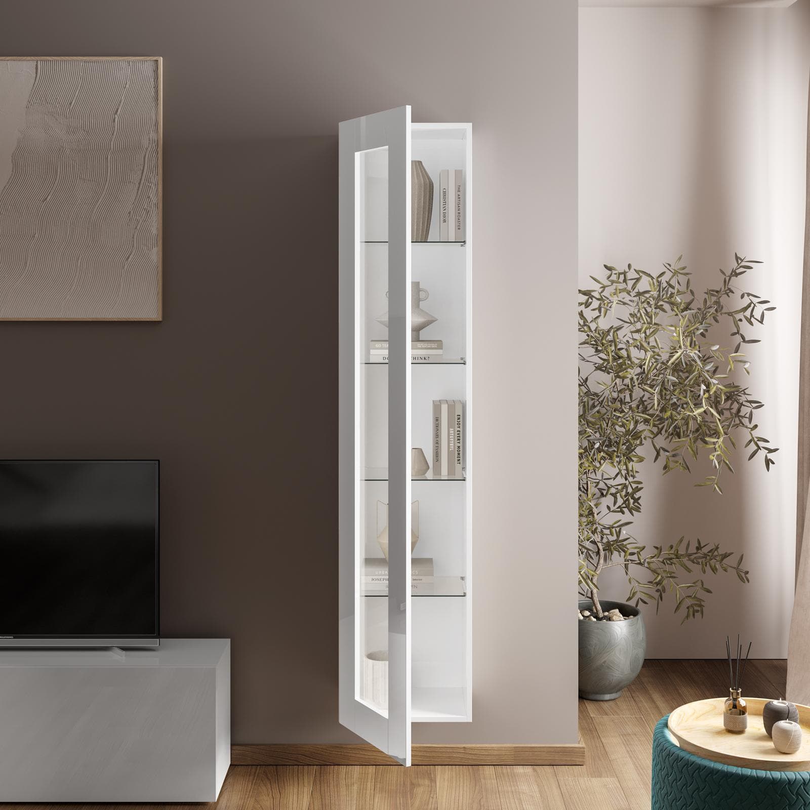Vetrina sospesa o da terra 40x180h cm bianco lucido con anta reversibile e ripiani in vetro - Kayros