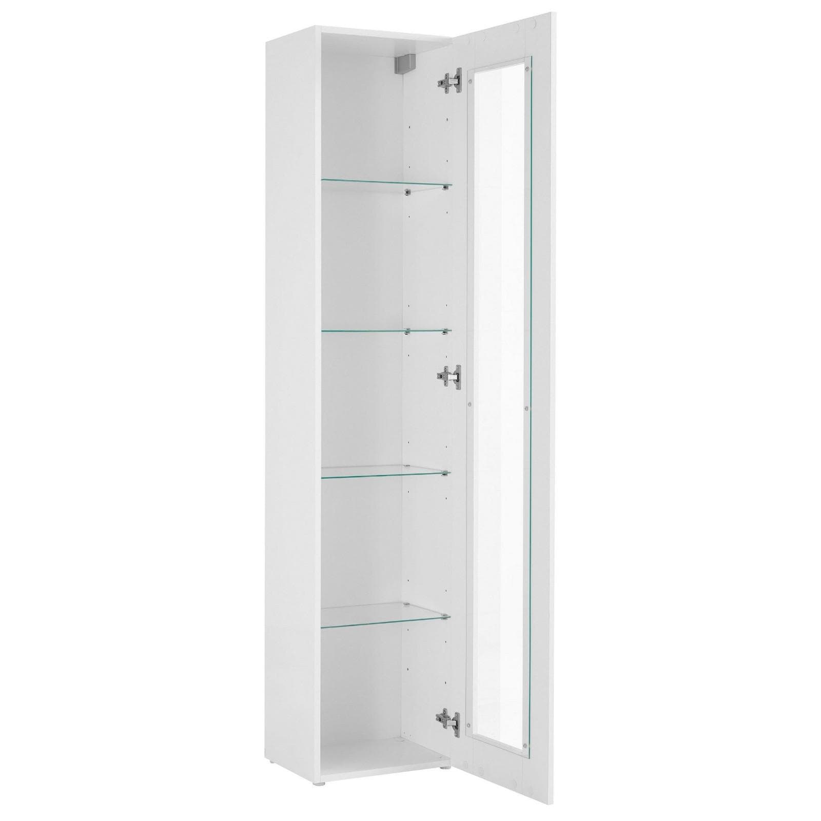 Vetrina sospesa o da terra 40x180h cm bianco lucido con anta reversibile e ripiani in vetro - Kayros