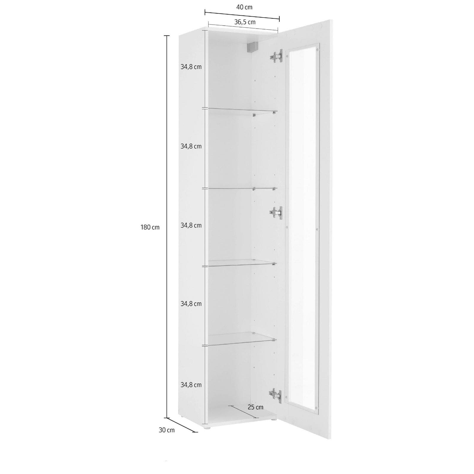 Vetrina sospesa o da terra 40x180h cm bianco lucido con anta reversibile e ripiani in vetro - Kayros
