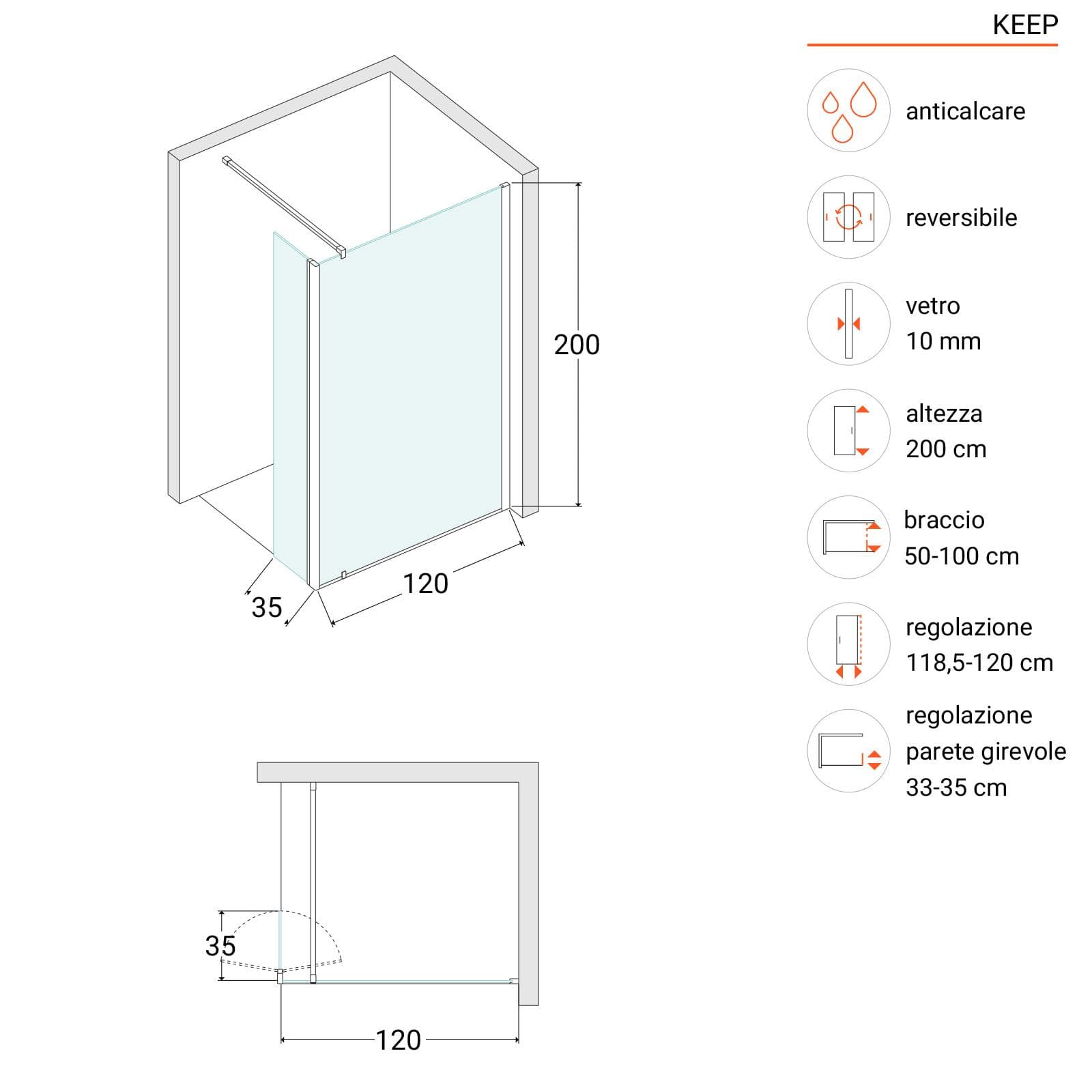 Walk-In 120 cm con parete girevole 35 cm in vetro temperato fumè con profilo nero - Keep
