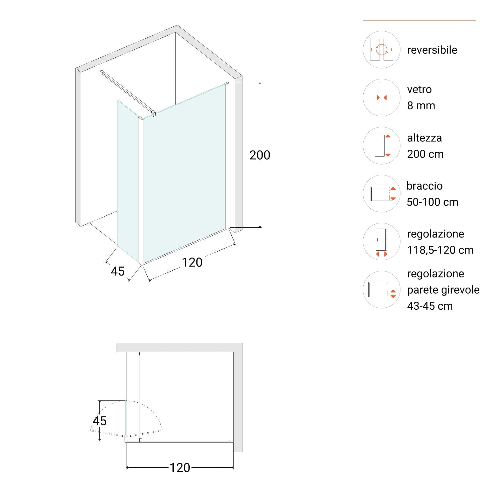 Walk-In 120 cm con parete girevole 45 cm in vetro temperato fumè con profilo nero - Keep