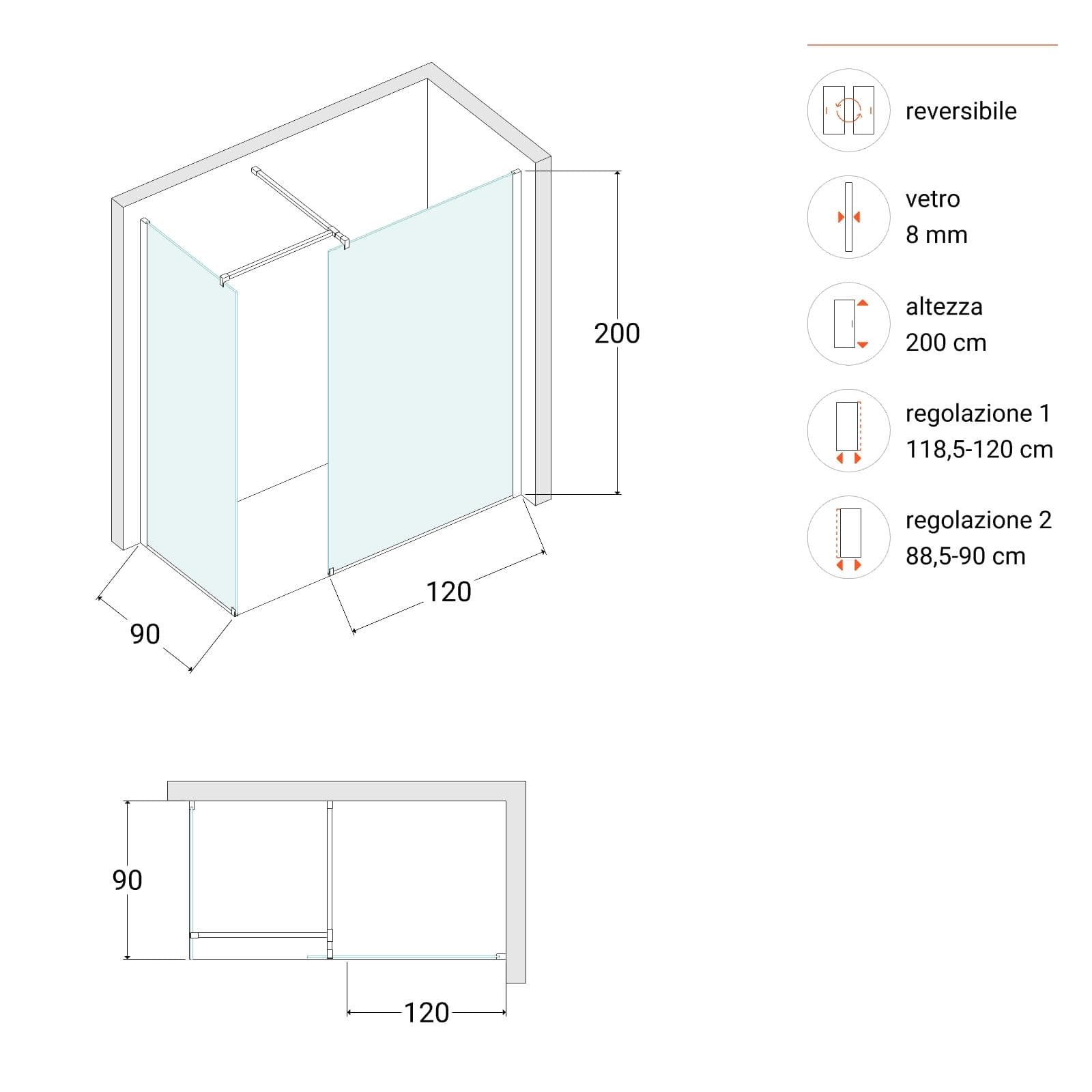 Box doccia 90x120 cm due lati in con vetro anticalcare trasparente e profilo cromo 200h - Keep