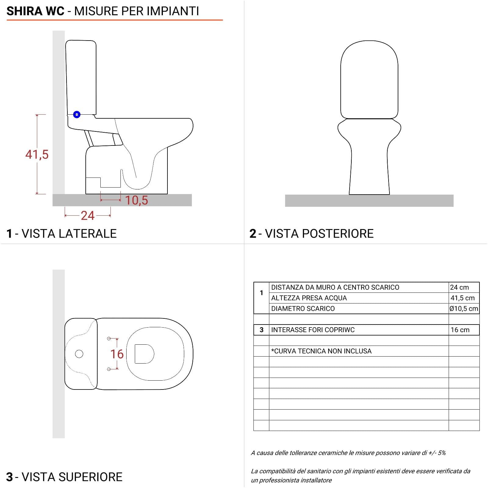 Wc monoblocco in ceramica scarico a terra con cassetta e copriwc - Shira