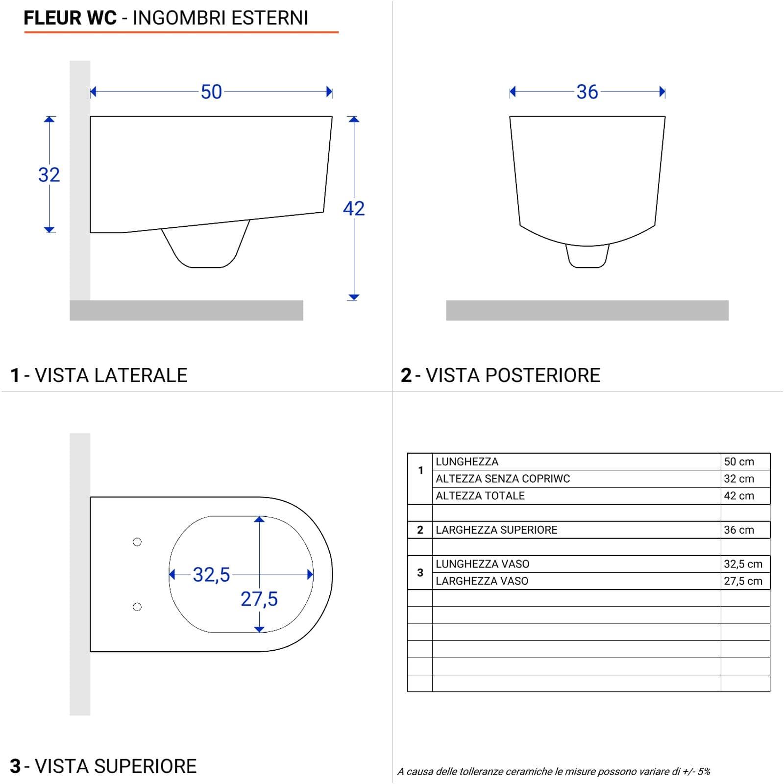 Wc sospeso rimless ceramica lucida Fleur con copri wc SoftClose