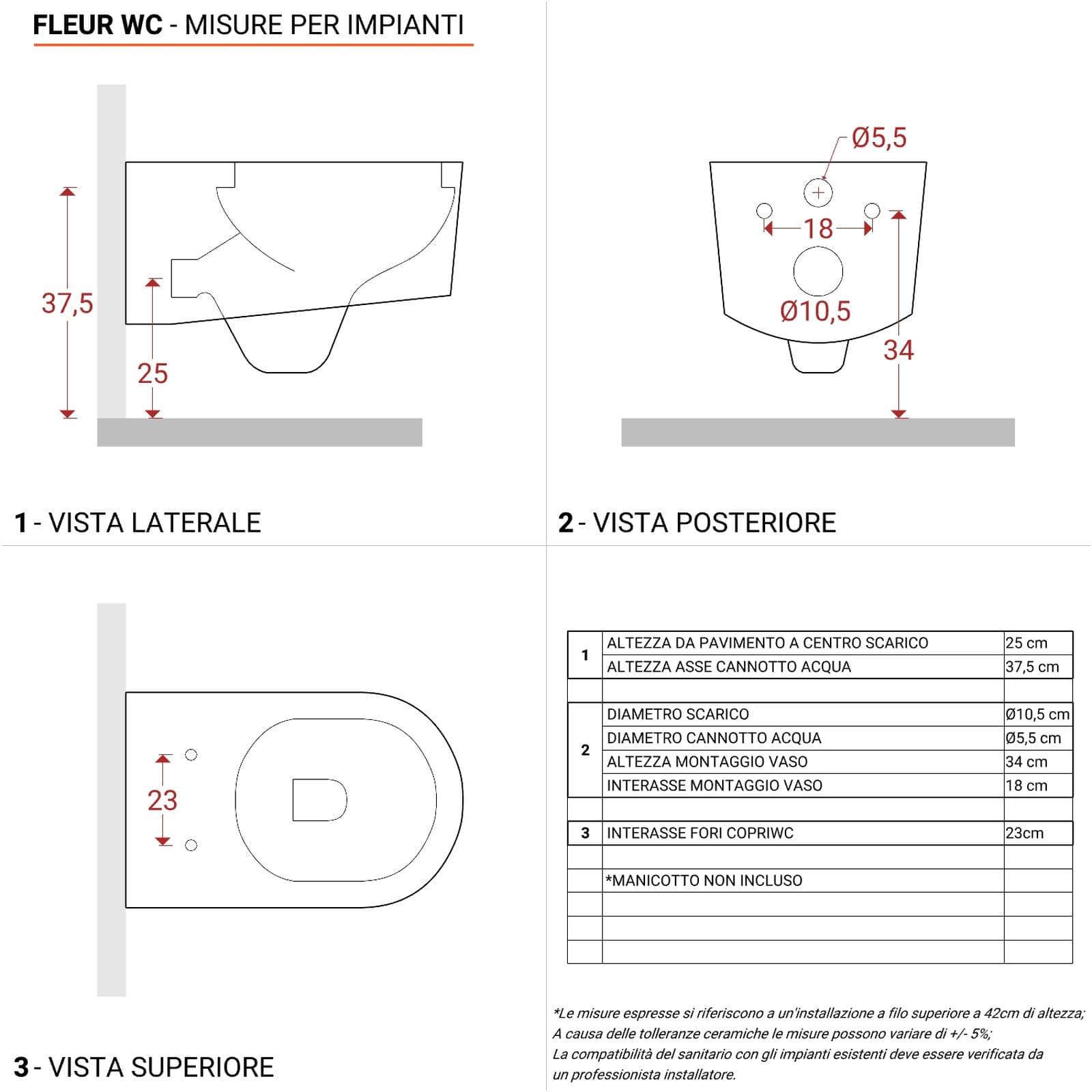 Wc sospeso rimless ceramica lucida Fleur con copri wc SoftClose