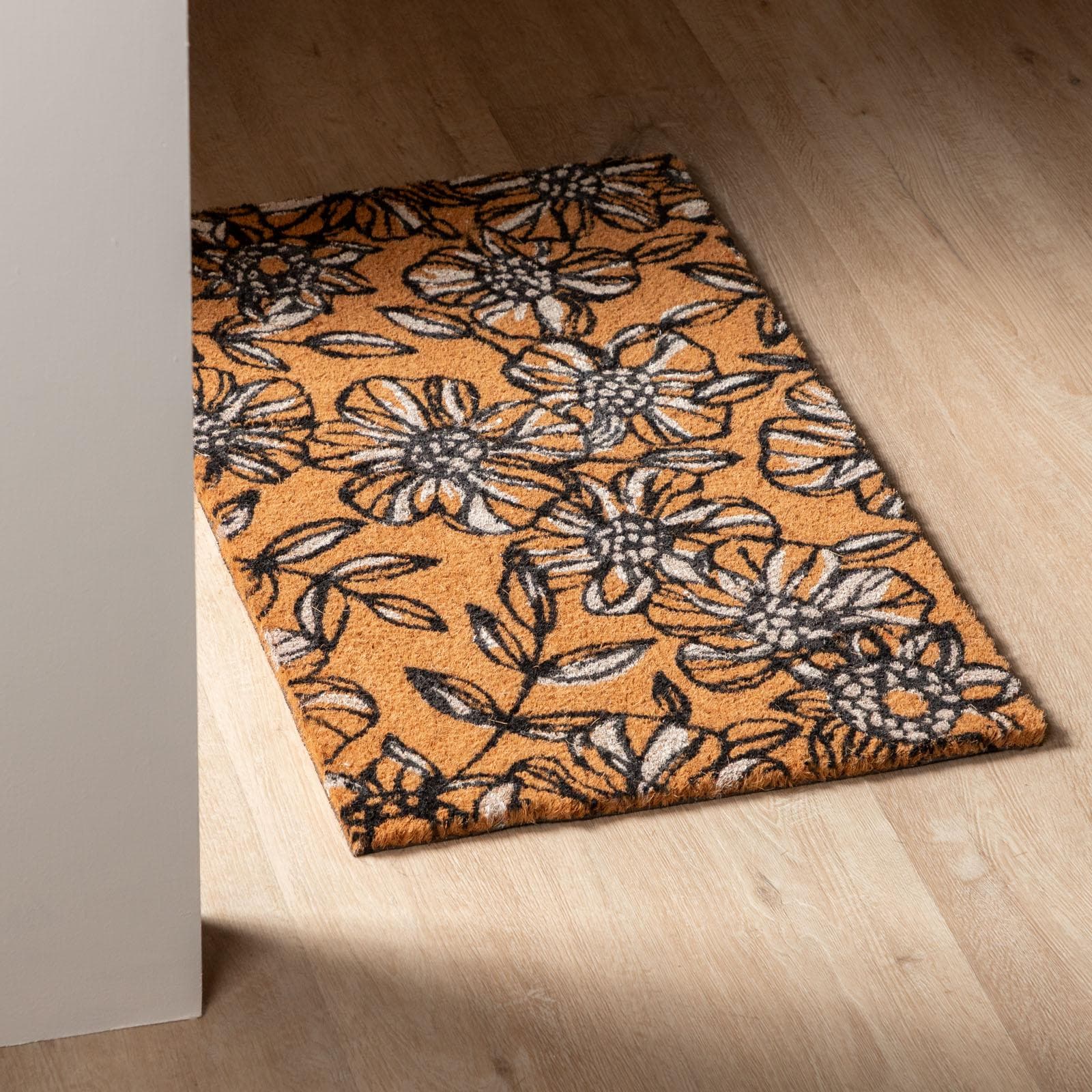 Zerbino 45x75 cm in coir con disegno crisantemi bianchi