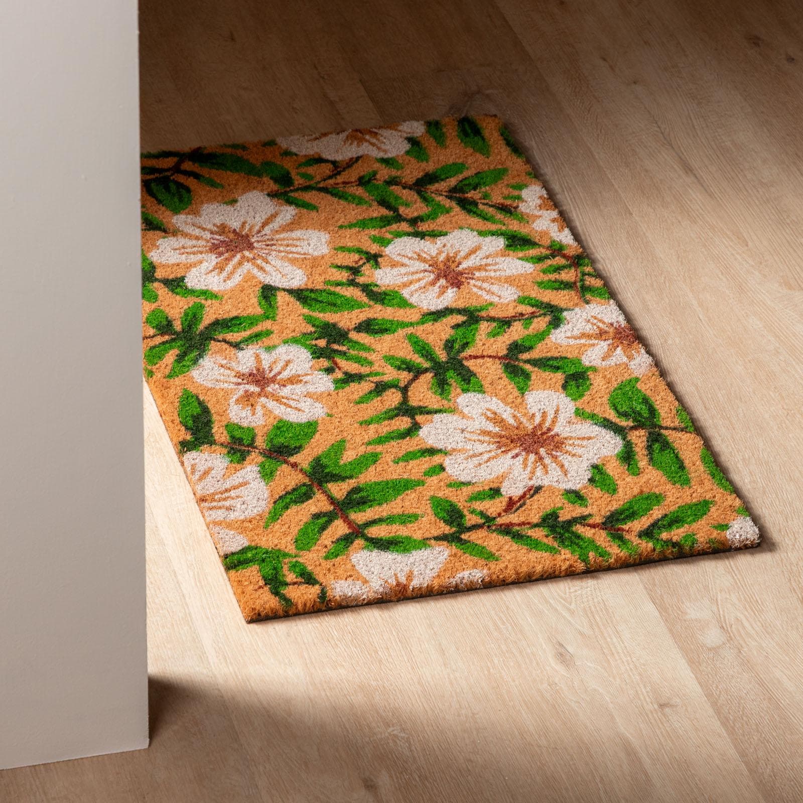 Zerbino 45x75 cm in coir con disegno fiori bianchi