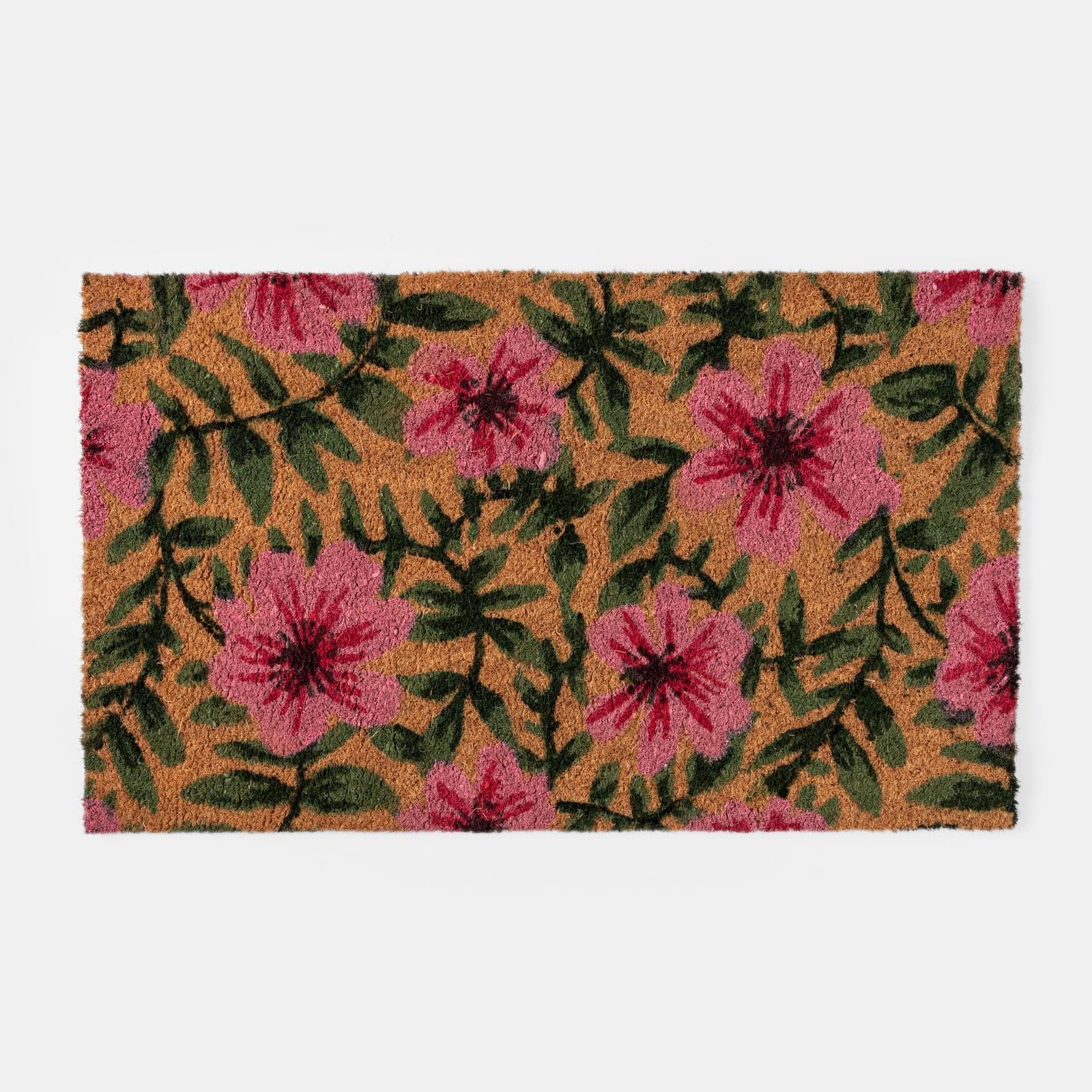 Zerbino 45x75 cm in coir con disegno prato fiorito rosa