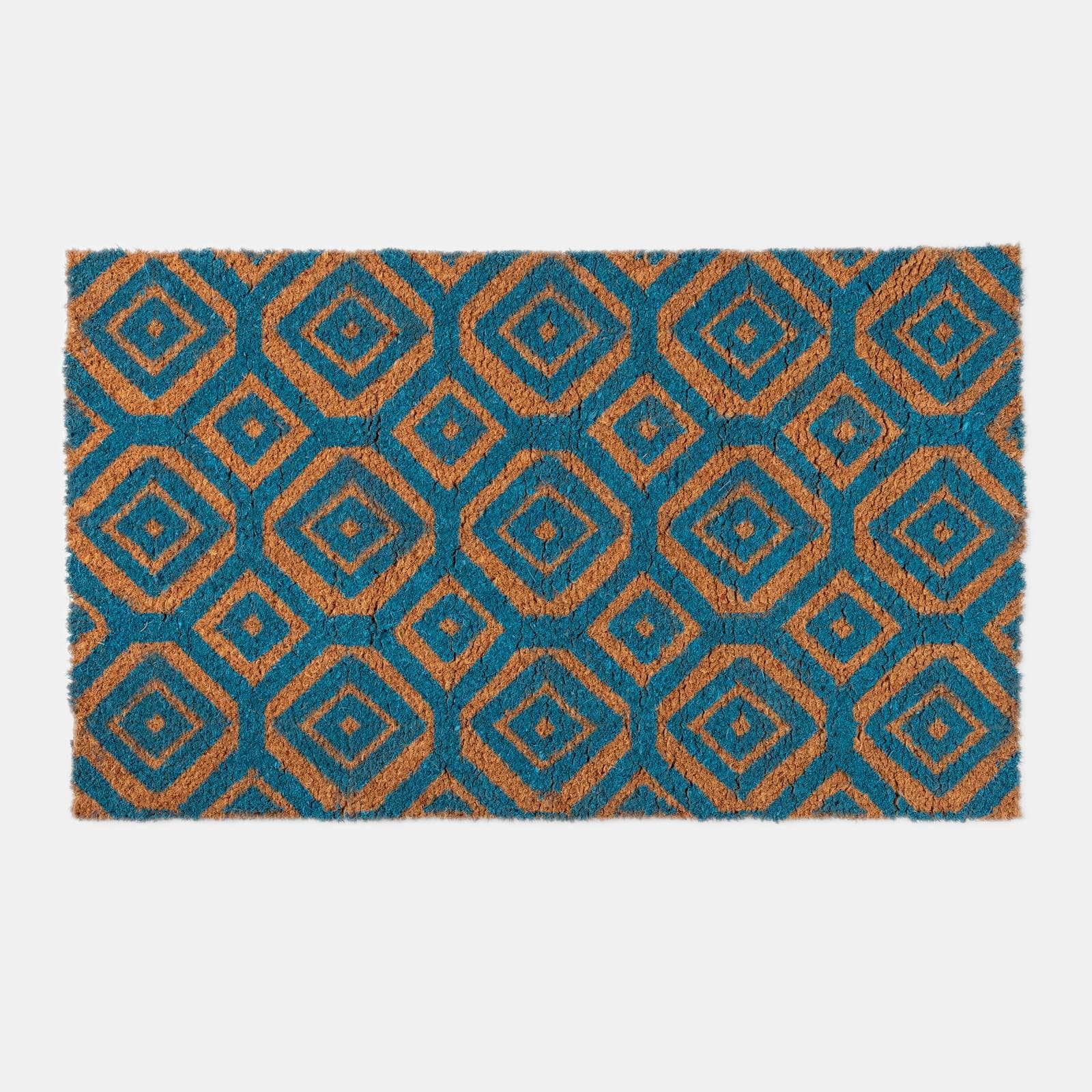 Zerbino 45x75 cm in coir con stampa disegno geometrico blu petrolio