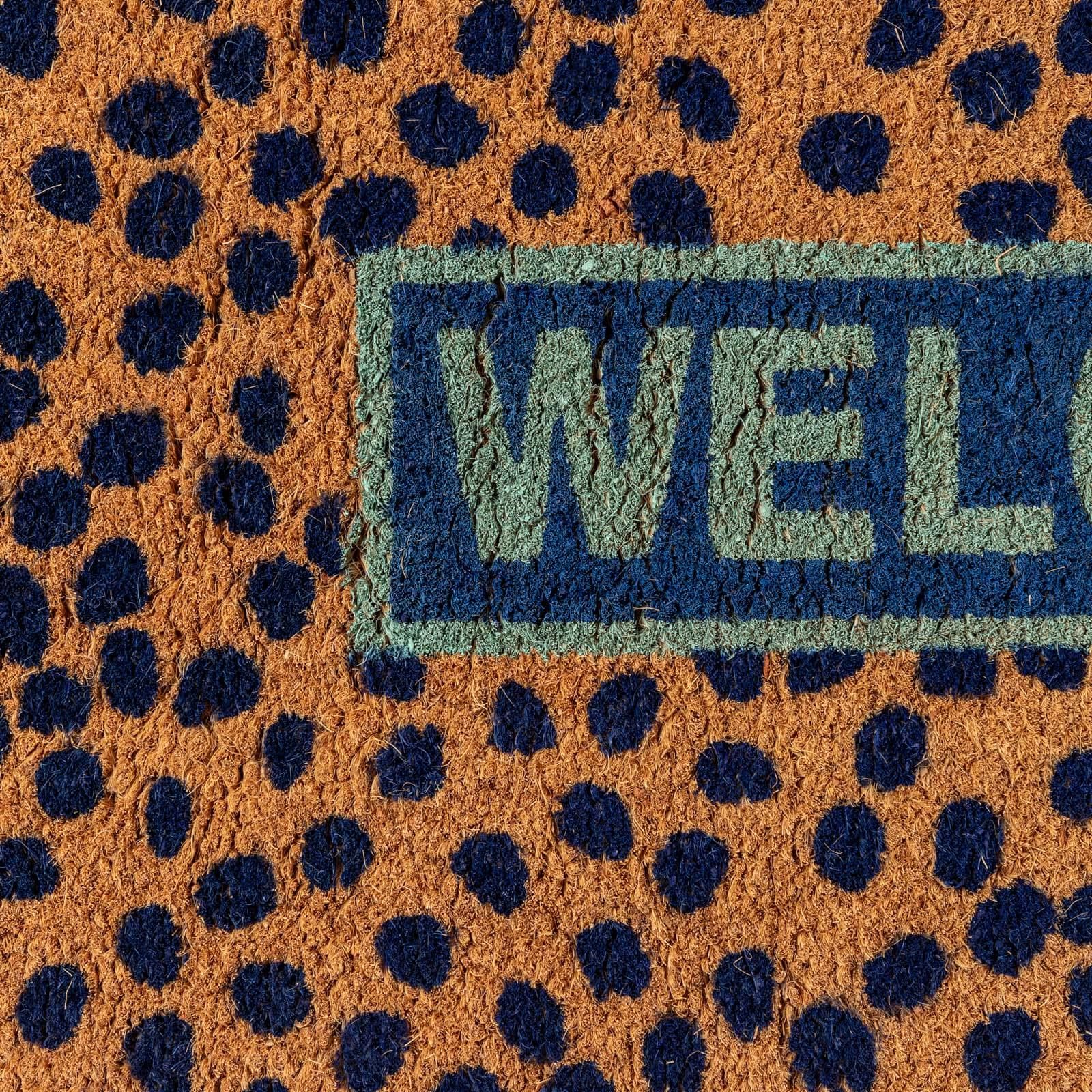 Zerbino 45x75 cm in coir Hello con disegno pallini blu
