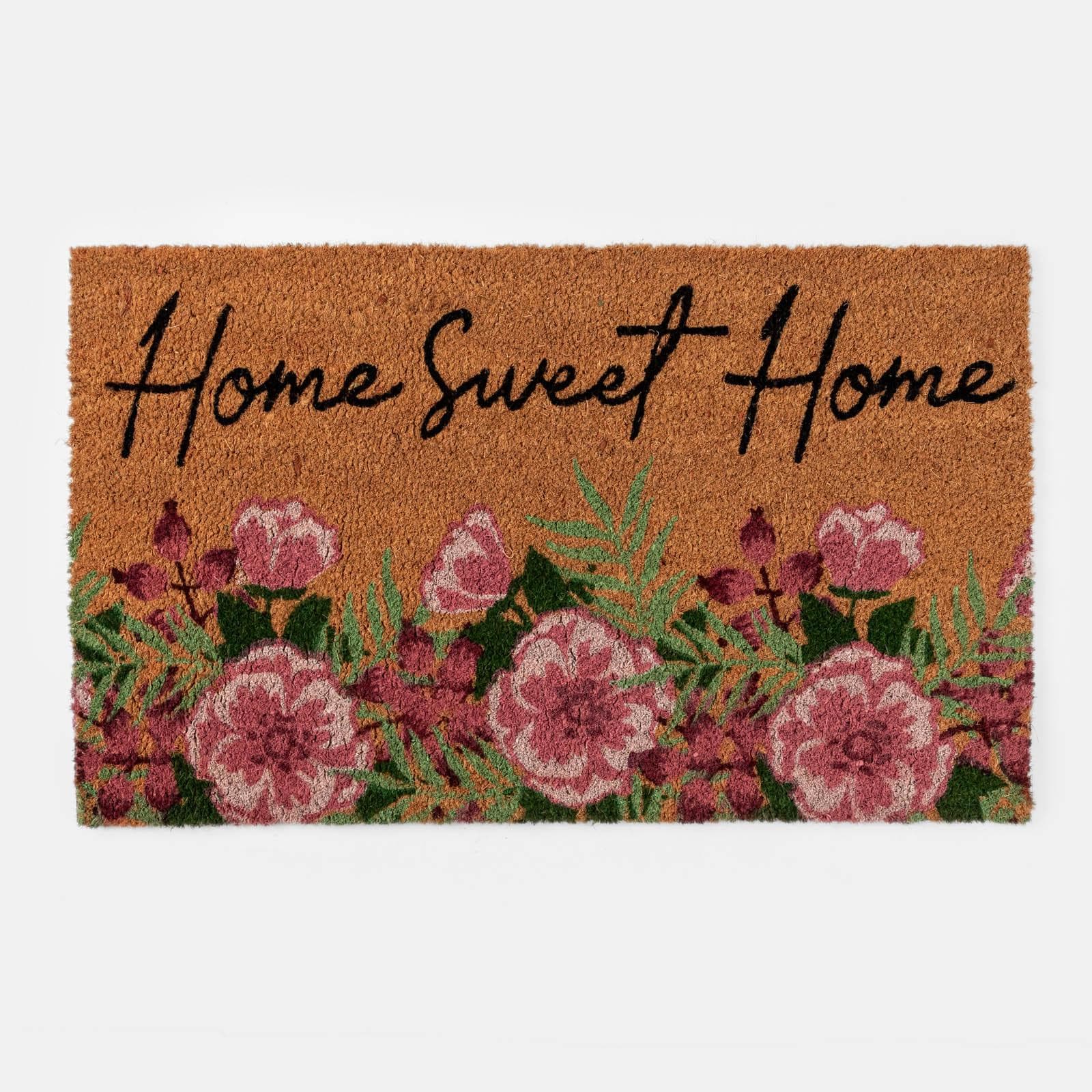 Zerbino 45x75 cm in coir Home Sweet Home con disegno fiori rosa