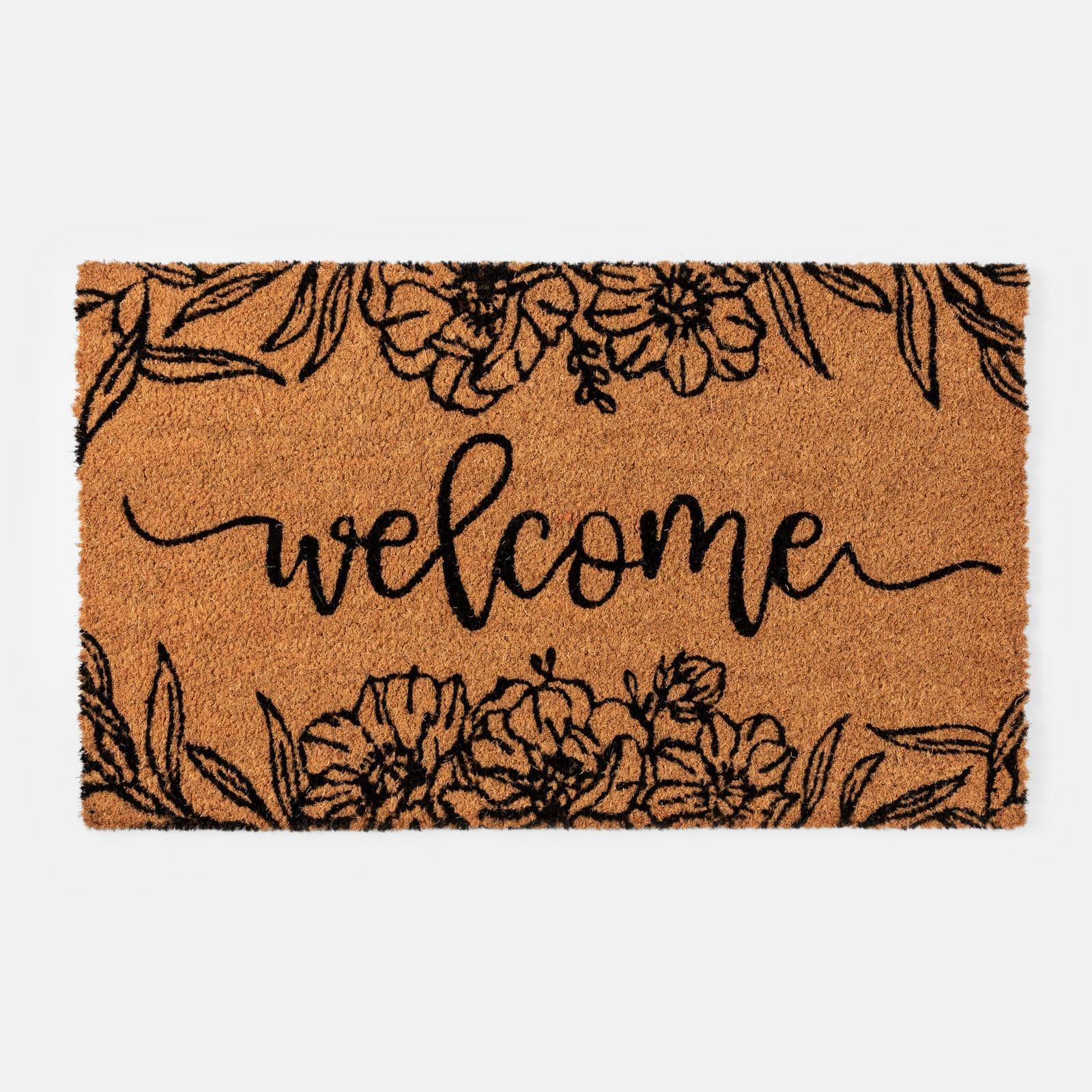 Zerbino 45x75 cm in coir Welcome marrone e nero con fiori