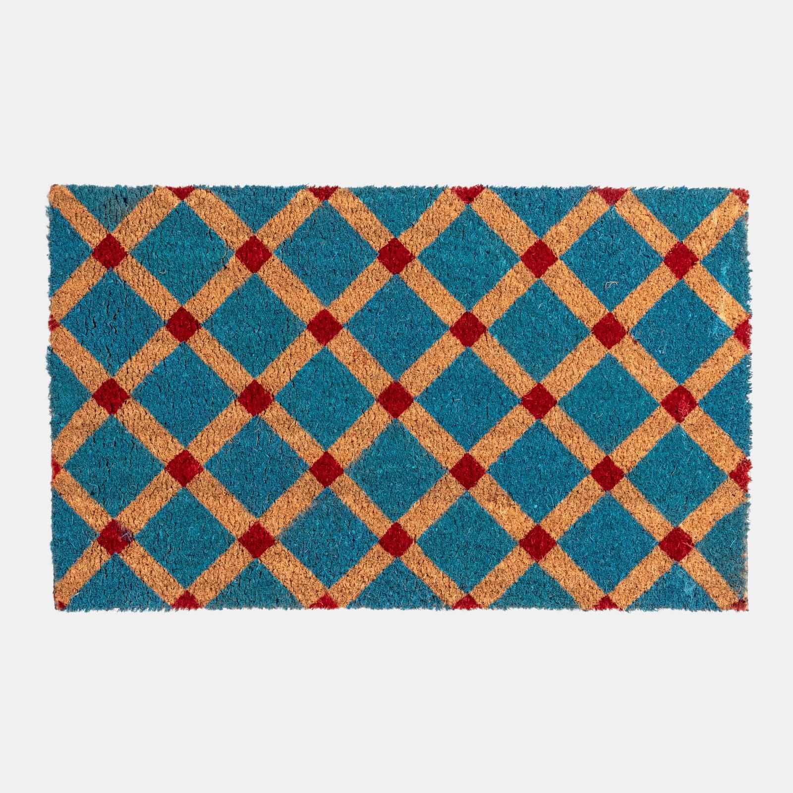 Zerbino blu petrolio 45x75 cm in coir naturale con disegno geometrico