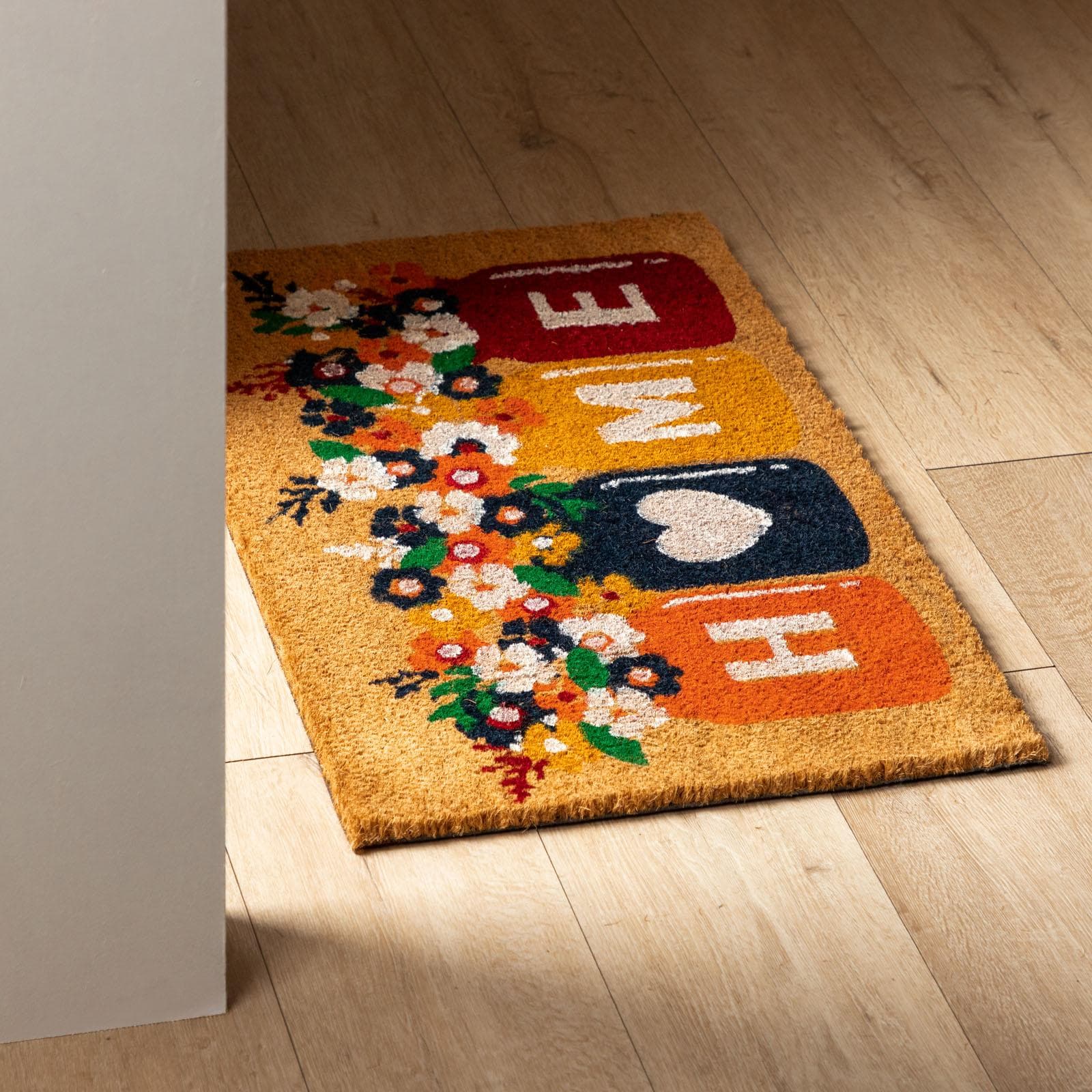 Zerbino Home 45x75 cm in coir naturale con disegno fiorellini