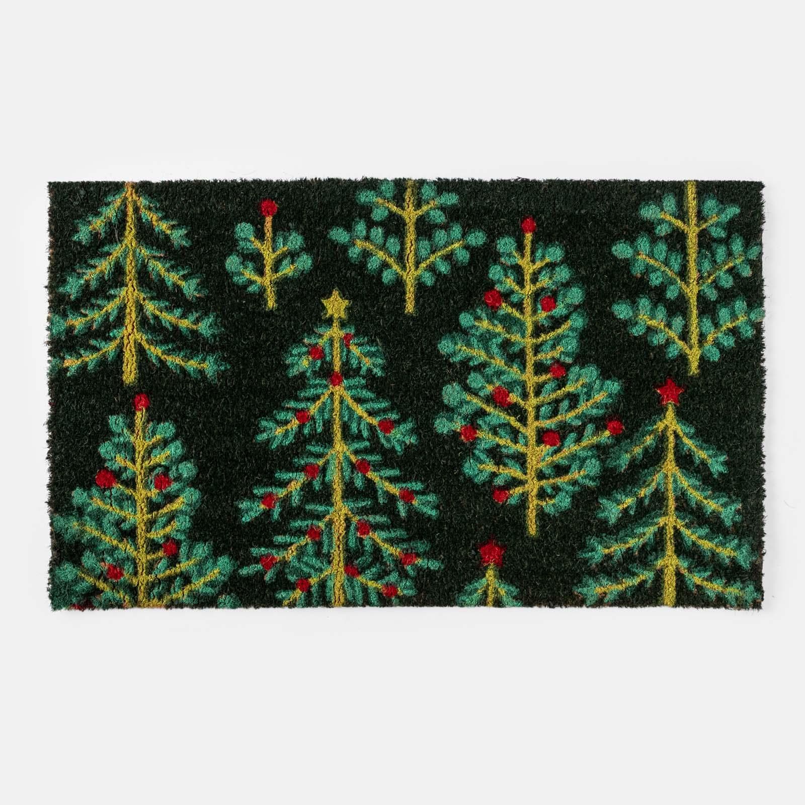 Zerbino natalizio 45x75 cm in coir con disegno alberi di natale verdi
