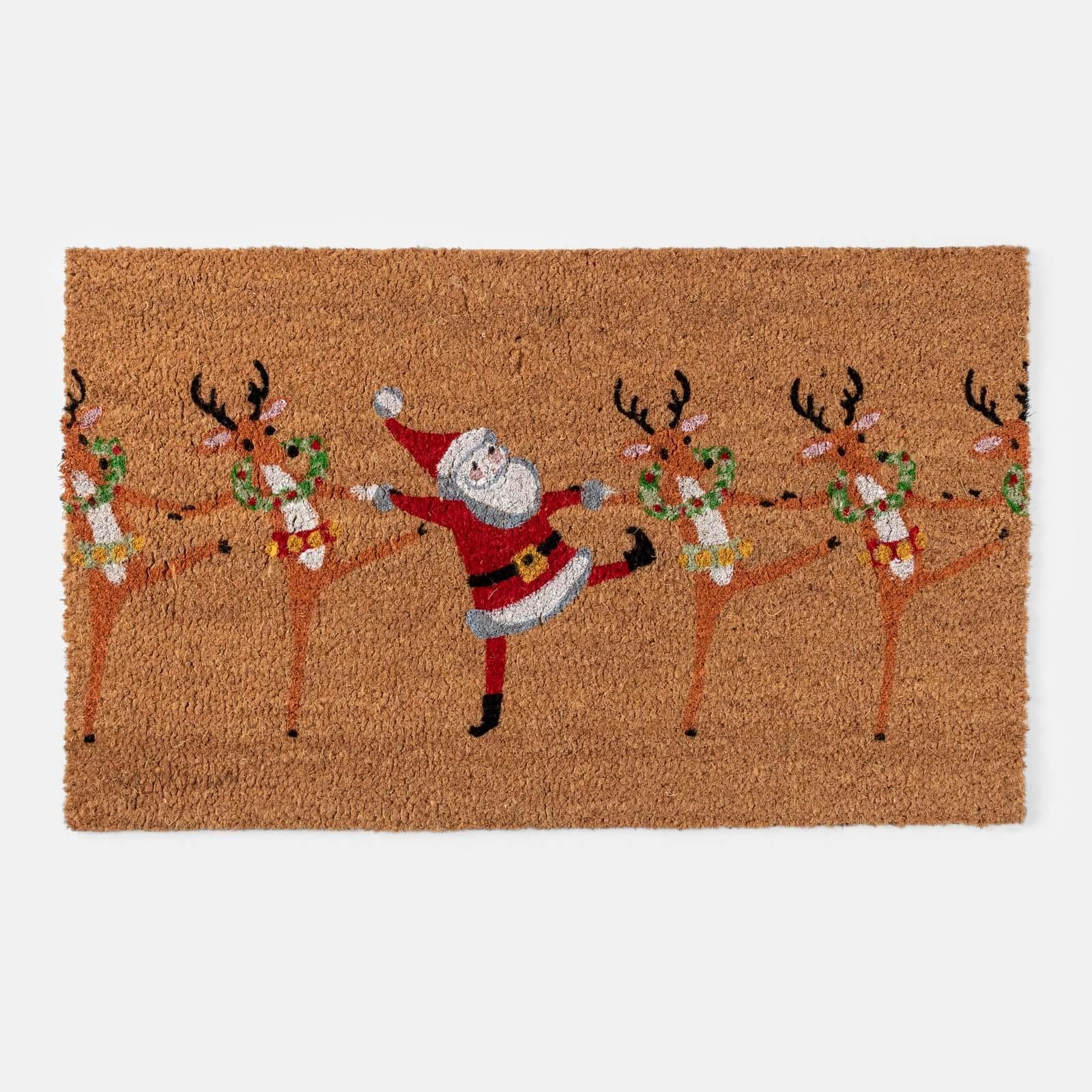 Zerbino natalizio 45x75 cm in coir con disegno Babbo Natale e renne