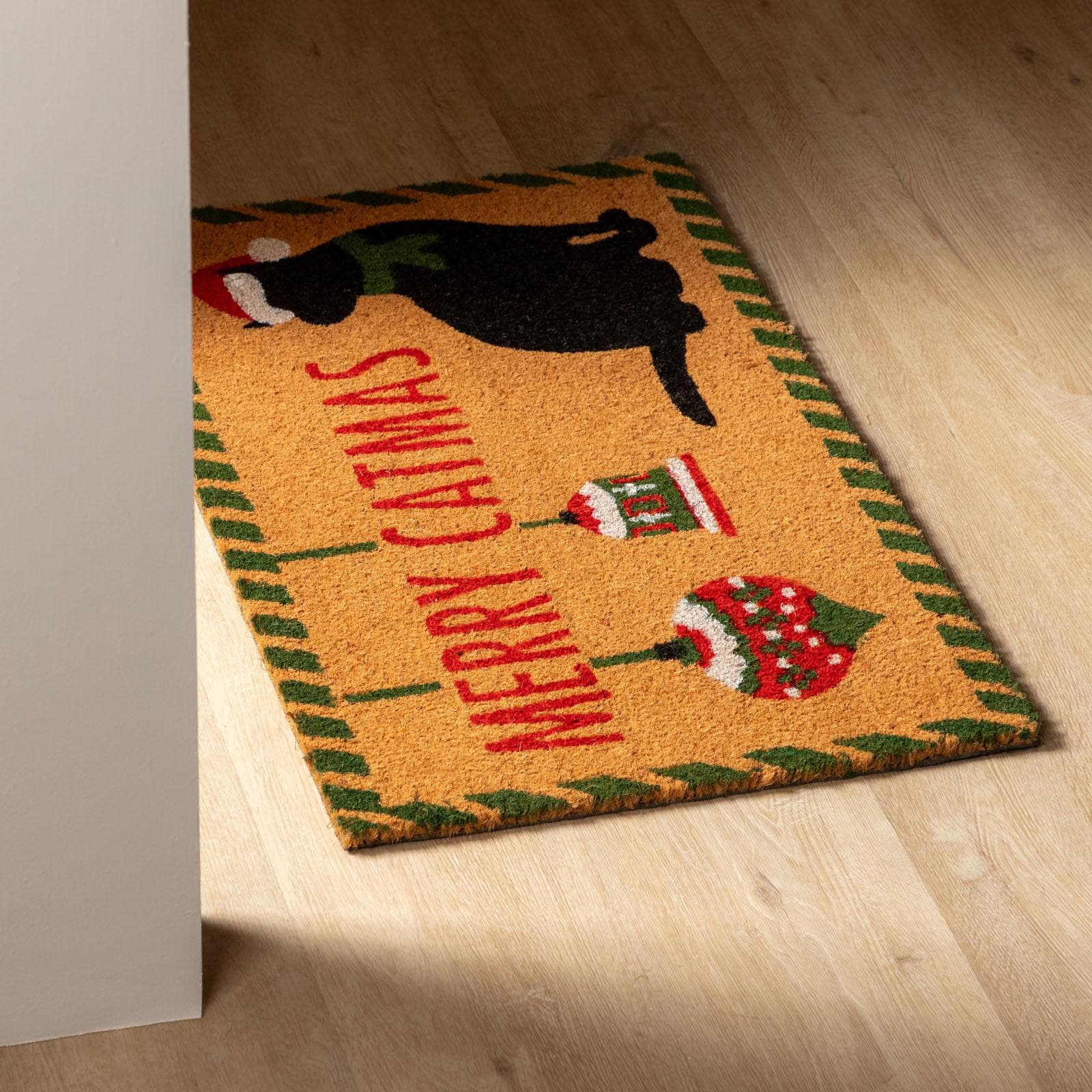 Zerbino natalizio 45x75 cm in coir Merry Christmas con disegno gatto
