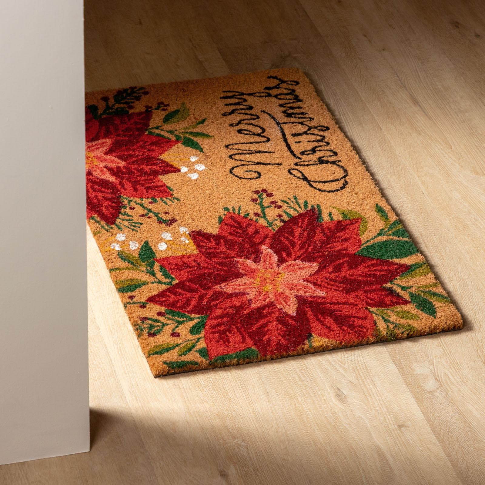 Zerbino natalizio 45x75 cm in coir Merry Christmas con fiori rossi